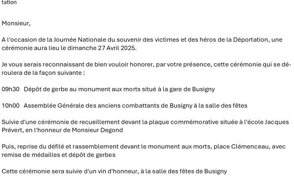 Invitation à la cérémonie à l'occasion de la Journée Nationale du Souvenir des victimes et héros de la déportation   